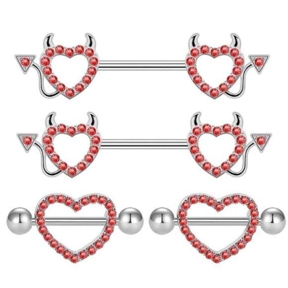 BijouStudios Nipplerings Jewelry - 14G 316L Silver and Ruby Red Cubic Zirconia Devil & Hearts Nipplerings Set of 2